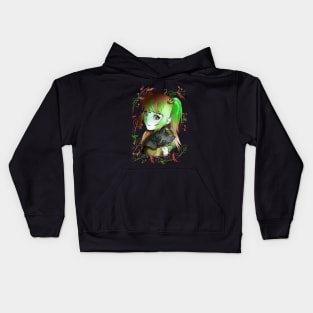 Green witch girl with black kitten for anime fans Kids Hoodie